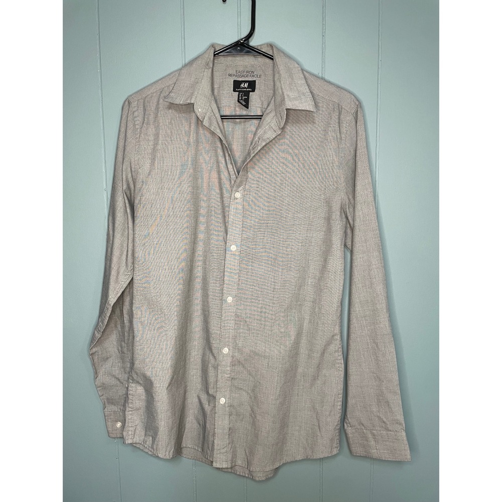 H&M Button Down Shirt Mens Small Grey Excellent Slim Fit Easy Iron Long Sleeve